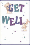 A cheerful wave of kindness flows from this get well card, echoing the sense of comfort recognizable to anyone familiar with Watford's spirited heart. In the center, two loveable characters-a soft teddy bear and a merry little puppy-seem to come alive as they cradle the buoyant letters forming 'Get Well,' rendered in deep indigos and teals that sing out against a soothing cream backdrop. Scattered stars in shades of blue and purple add a touch of playful wonder, reminiscent of twinkling fairy lights outside the Watford Palace Theatre on an evening stroll. The tactile fur and bright eyes of the animal friends feel so vivid that one can almost sense a gentle nuzzle, akin to the intimacy found in a locally crafted bouquet delivered by Watford Flowers. Altogether, the composition radiates warmth, hope, and reassurance-carrying a message that's as soothing and sincere as a handwritten card paired with blooms at the doorstep. This illustration brims with uplifting energy and heartfelt care, a perfect visual salve for anyone on their path to recovery in our close-knit Watford community.